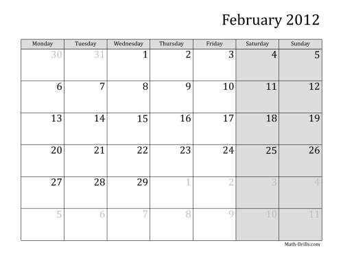 The 2012 Monthly Calendar with Monday as the First Day Math Worksheet Page 2