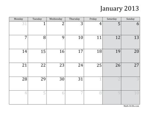 The 2013 Monthly Calendar with Monday as the First Day Math Worksheet