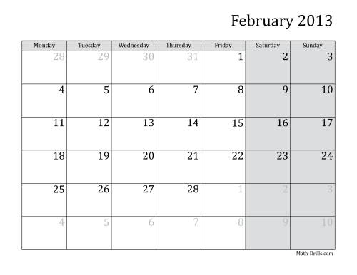 The 2013 Monthly Calendar with Monday as the First Day Math Worksheet Page 2