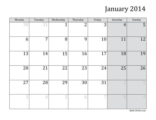 The 2014 Monthly Calendar with Monday as the First Day Math Worksheet