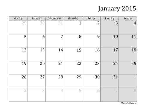 The 2015 Monthly Calendar with Monday as the First Day Math Worksheet