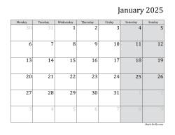 2025 Monthly Calendar with Monday as the First Day