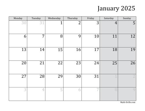The 2025 Monthly Calendar with Monday as the First Day Math Worksheet