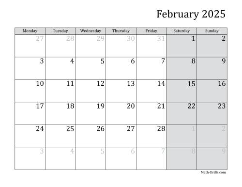 The 2025 Monthly Calendar with Monday as the First Day Math Worksheet Page 2