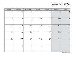 2026 Monthly Calendar with Monday as the First Day