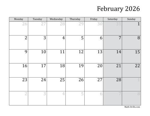 The 2026 Monthly Calendar with Monday as the First Day Math Worksheet Page 2