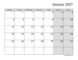 2027 Monthly Calendar with Monday as the First Day