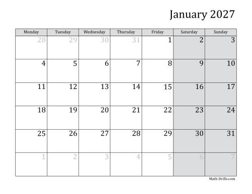 The 2027 Monthly Calendar with Monday as the First Day Math Worksheet