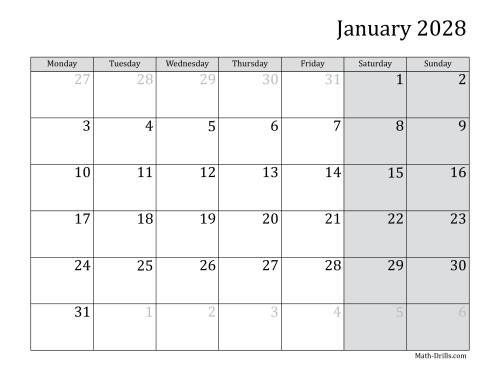 The 2028 Monthly Calendar with Monday as the First Day Math Worksheet