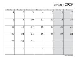 2029 Monthly Calendar with Monday as the First Day