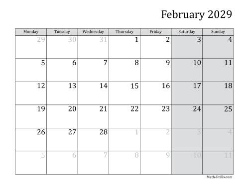 The 2029 Monthly Calendar with Monday as the First Day Math Worksheet Page 2
