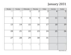 2031 Monthly Calendar with Monday as the First Day