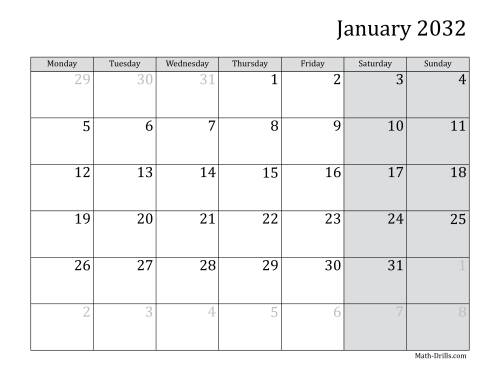 The 2032 Monthly Calendar with Monday as the First Day Math Worksheet