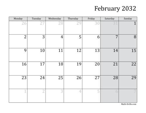 The 2032 Monthly Calendar with Monday as the First Day Math Worksheet Page 2