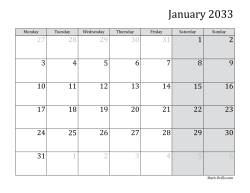 2033 Monthly Calendar with Monday as the First Day