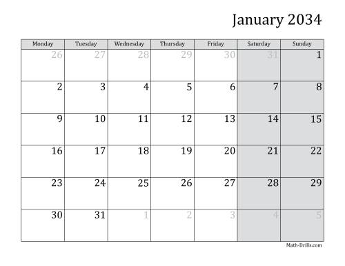 The 2034 Monthly Calendar with Monday as the First Day Math Worksheet