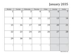 2035 Monthly Calendar with Monday as the First Day