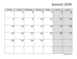 2036 Monthly Calendar with Monday as the First Day