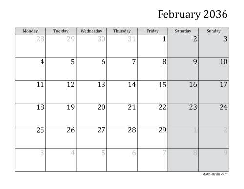The 2036 Monthly Calendar with Monday as the First Day Math Worksheet Page 2