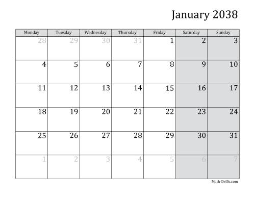 The 2038 Monthly Calendar with Monday as the First Day Math Worksheet