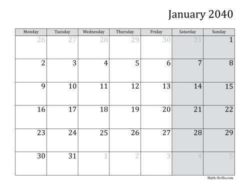 The 2040 Monthly Calendar with Monday as the First Day Math Worksheet