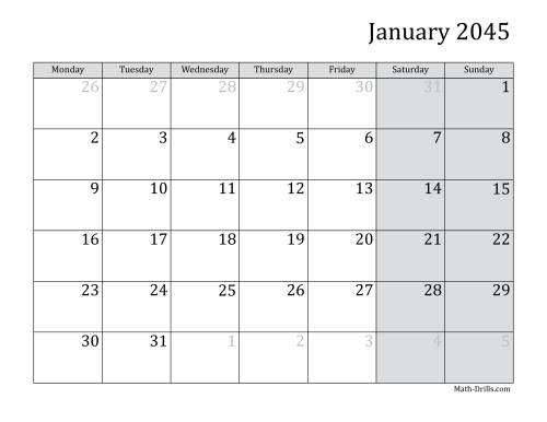 The 2045 Monthly Calendar with Monday as the First Day Math Worksheet