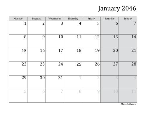 The 2046 Monthly Calendar with Monday as the First Day Math Worksheet