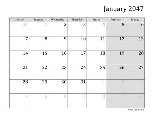 The 2047 Monthly Calendar with Monday as the First Day Math Worksheet