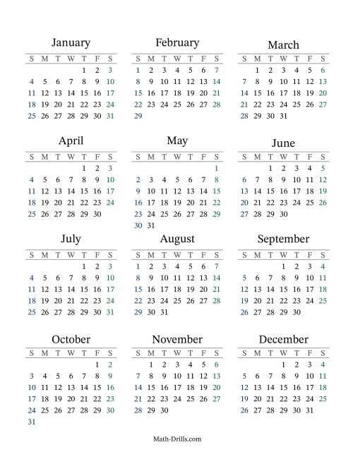 (Fillable Title) General Leap Year Calendar with January 1 on a ...