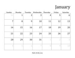Monthly General Year Calendar with January 1 on Monday