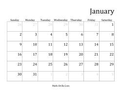 Monthly General Year Calendar with January 1 on Saturday