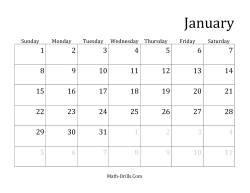 Monthly General Year Calendar with January 1 on Sunday