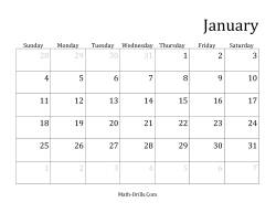 Monthly General Year Calendar with January 1 on Thursday