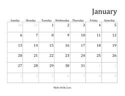Monthly General Year Calendar with January 1 on Tuesday