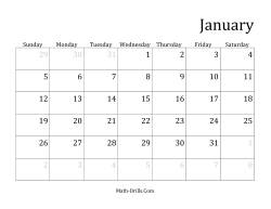Monthly General Year Calendar with January 1 on Wednesday