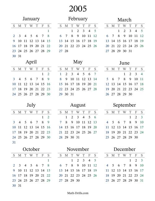 The 2005 Yearly Calendar Math Worksheet