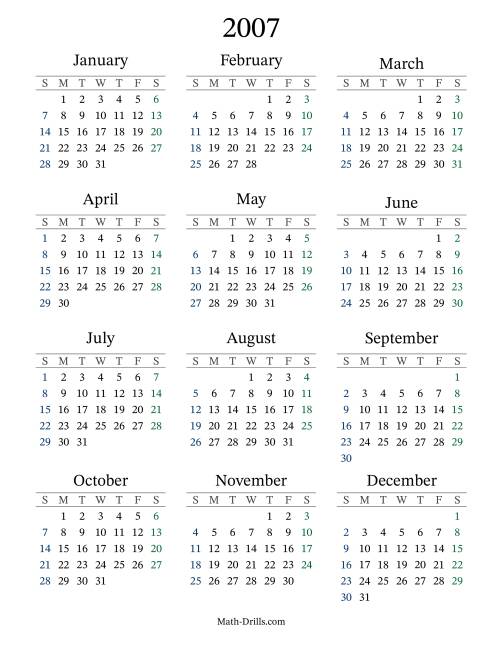 The 2007 Yearly Calendar Math Worksheet