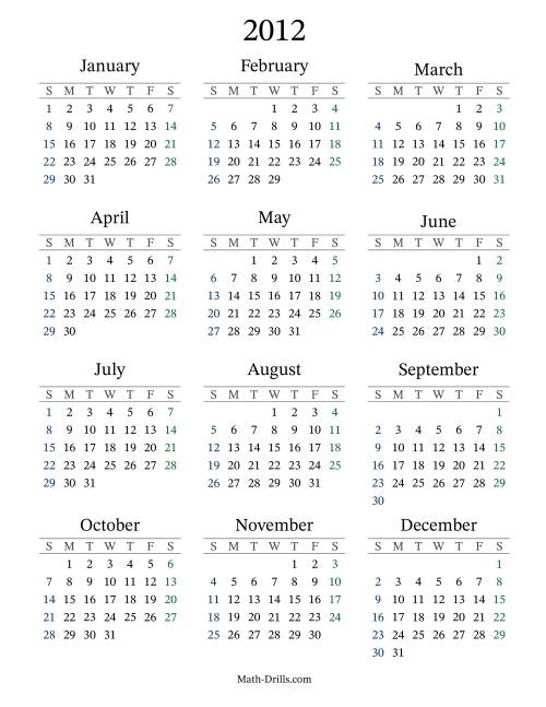 The 2012 Yearly Calendar Math Worksheet