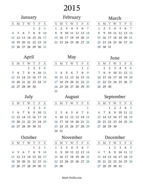 The 2015 Yearly Calendar Math Worksheet