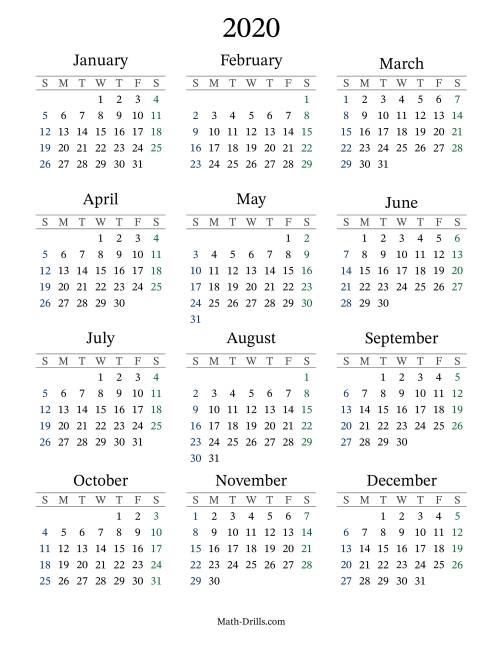 The 2020 Yearly Calendar Math Worksheet