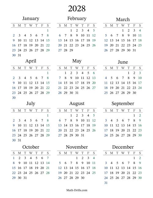 The 2028 Yearly Calendar Math Worksheet