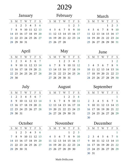 2029 Yearly Calendar