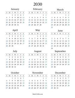 2030 Yearly Calendar