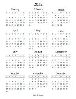 2032 Yearly Calendar