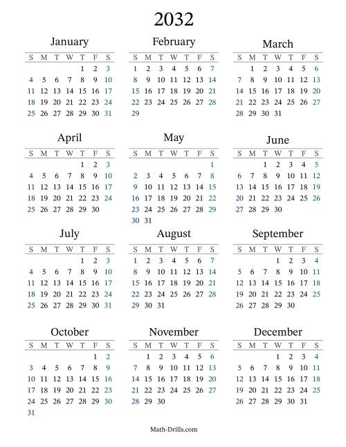 The 2032 Yearly Calendar Math Worksheet