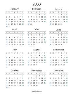 2033 Yearly Calendar