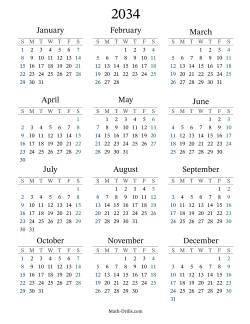 2034 Yearly Calendar