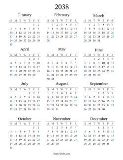 2038 Yearly Calendar