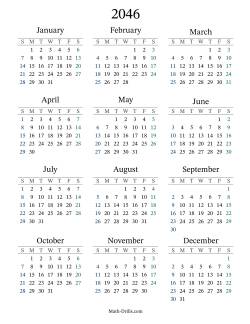 2046 Yearly Calendar