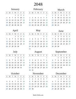 2048 Yearly Calendar